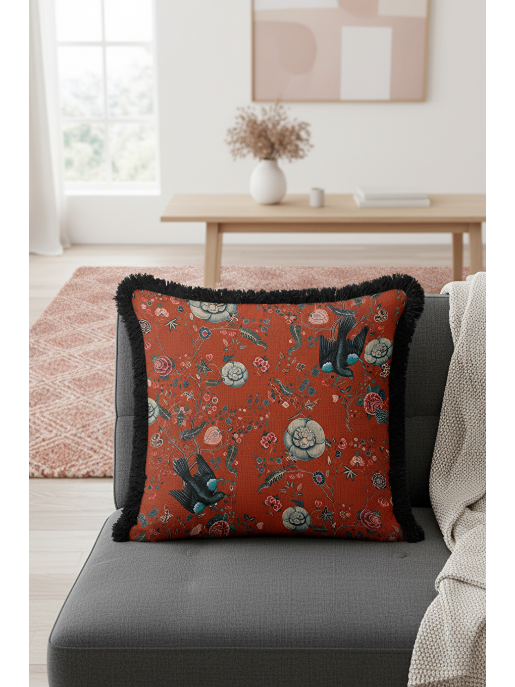 Karışık Lüks Çiçekli Kuşlu Saçaklı Yastık Kılıfı - Vintage Bohem Kiremit Siyah Püsküllü Kırlent Kılıfı-1