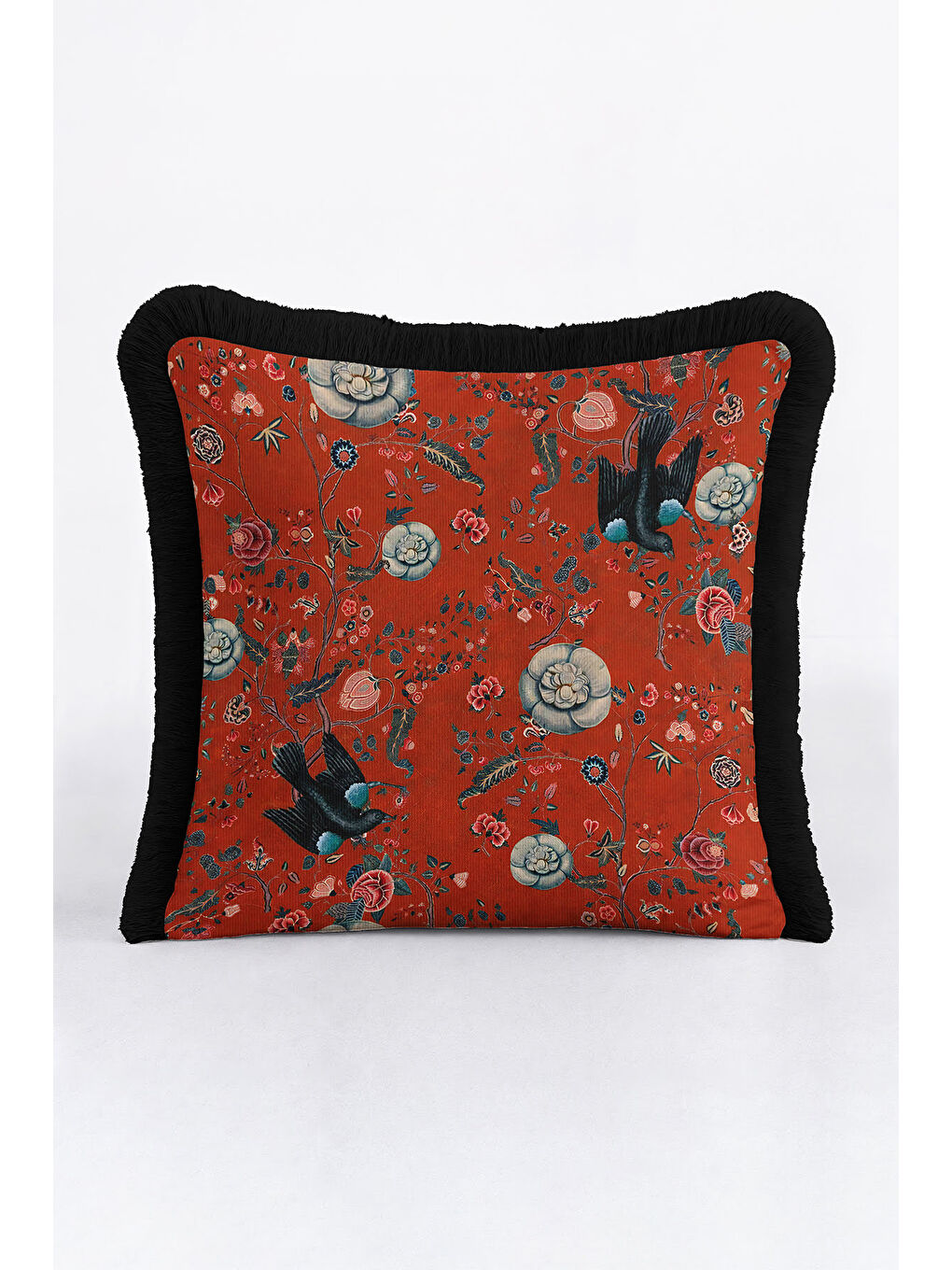 Karışık Lüks Çiçekli Kuşlu Saçaklı Yastık Kılıfı - Vintage Bohem Kiremit Siyah Püsküllü Kırlent Kılıfı-2