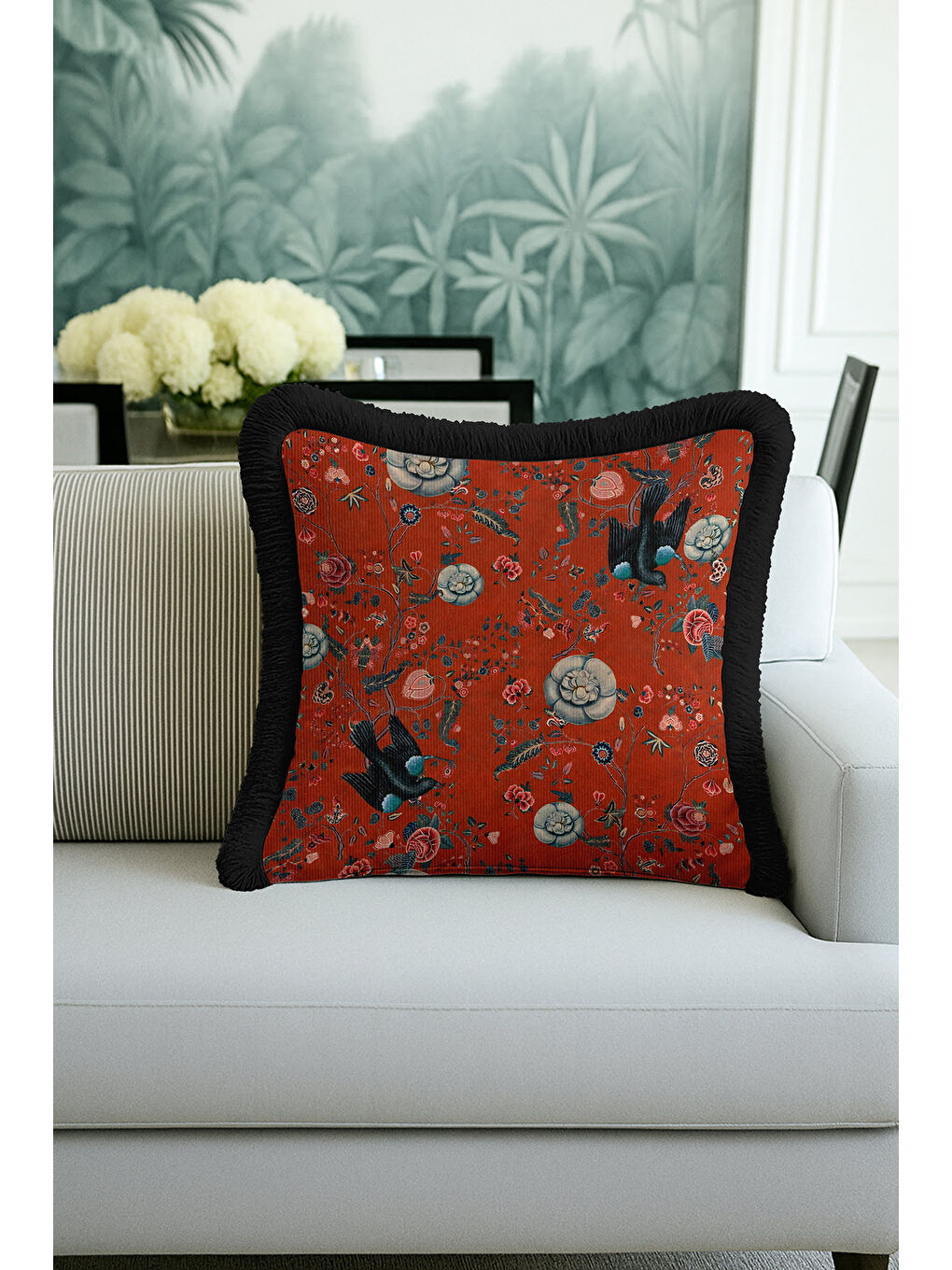 Karışık Lüks Çiçekli Kuşlu Saçaklı Yastık Kılıfı - Vintage Bohem Kiremit Siyah Püsküllü Kırlent Kılıfı-3