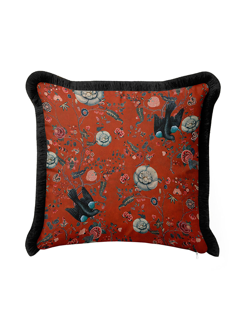 Karışık Lüks Çiçekli Kuşlu Saçaklı Yastık Kılıfı - Vintage Bohem Kiremit Siyah Püsküllü Kırlent Kılıfı-4