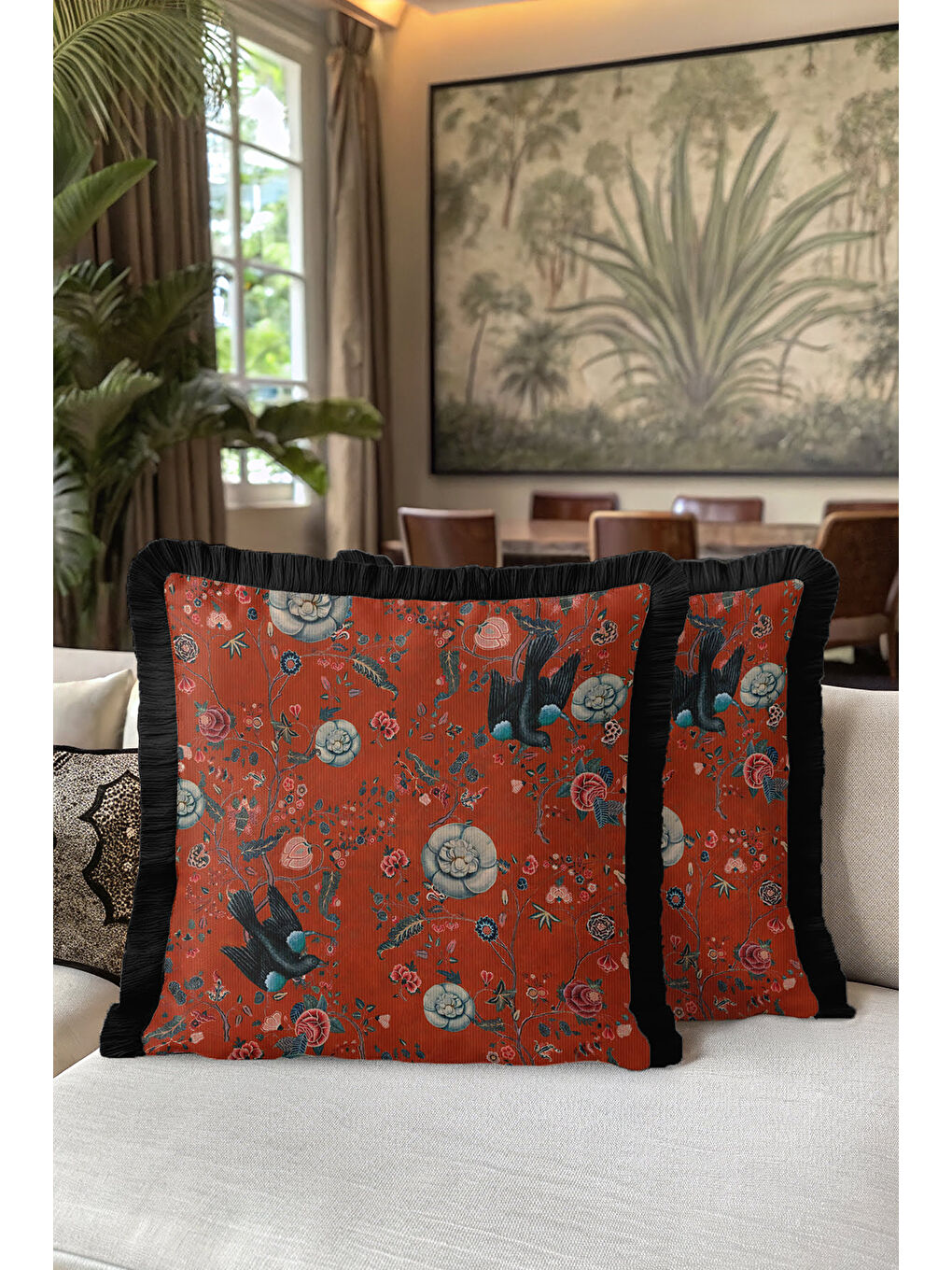 Karışık Lüks Çiçekli Kuşlu Saçaklı Yastık Kılıfı - Vintage Bohem Kiremit Siyah Püsküllü Kırlent Kılıfı-5