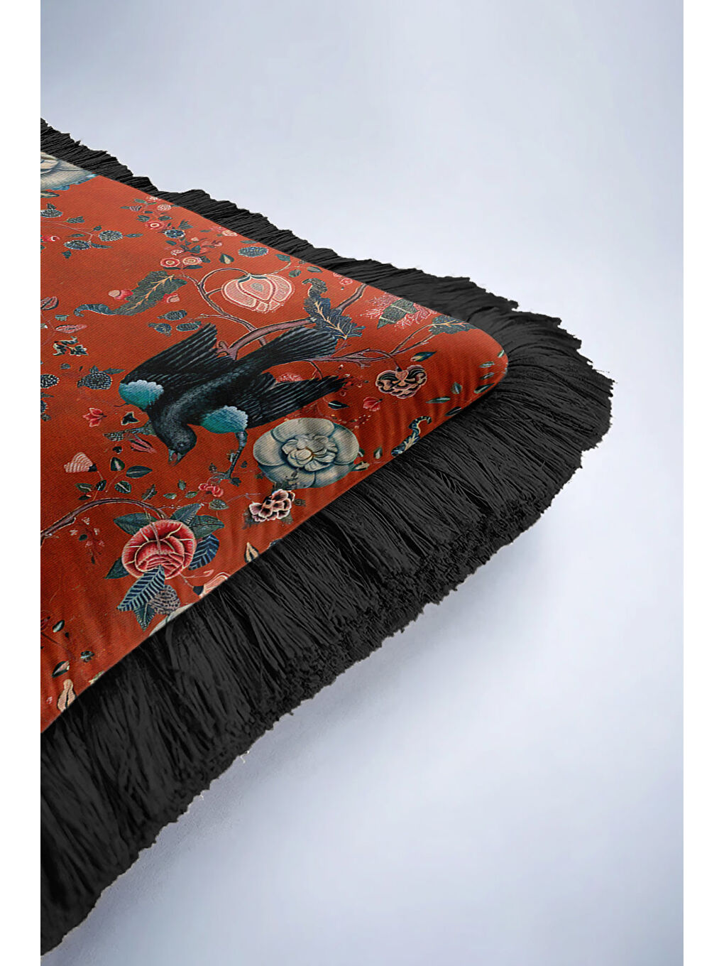 Karışık Lüks Çiçekli Kuşlu Saçaklı Yastık Kılıfı - Vintage Bohem Kiremit Siyah Püsküllü Kırlent Kılıfı-6