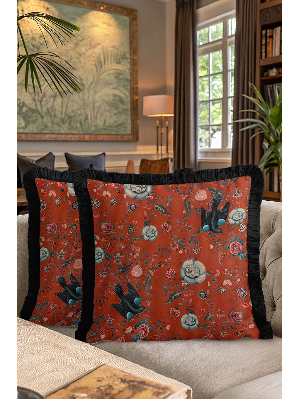 Karışık Lüks Çiçekli Kuşlu Saçaklı Yastık Kılıfı - Vintage Bohem Kiremit Siyah Püsküllü Kırlent Kılıfı-7