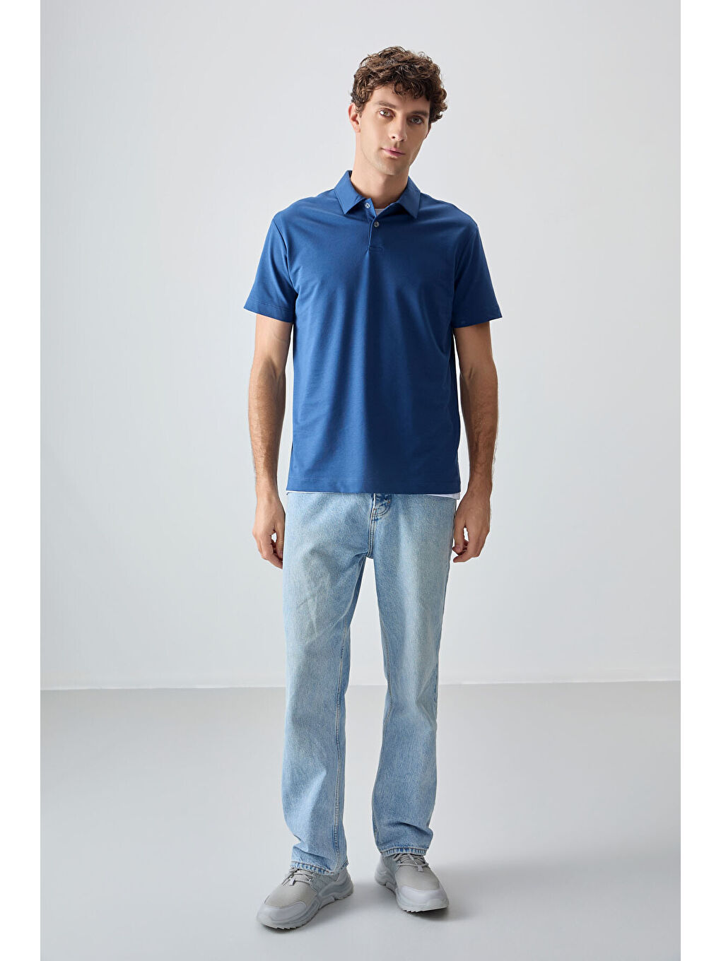 Mavi Pamuklu Kalın Yumuşak Dokulu Polo Yaka Oversize Fit Basic Erkek Tişört- 88381-2