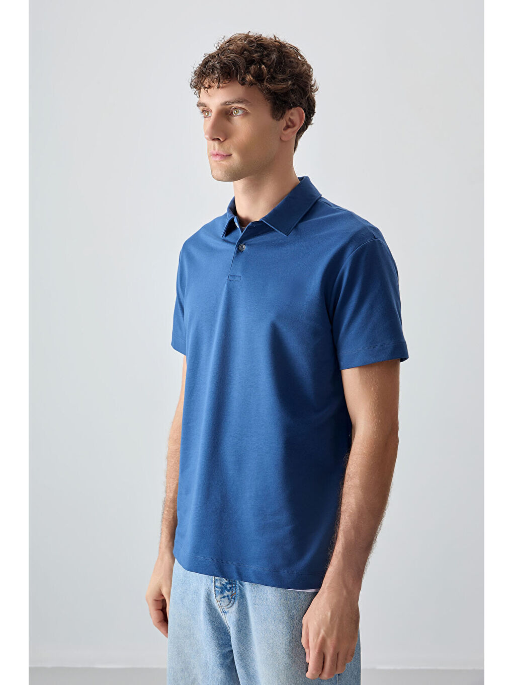Mavi Pamuklu Kalın Yumuşak Dokulu Polo Yaka Oversize Fit Basic Erkek Tişört- 88381-3