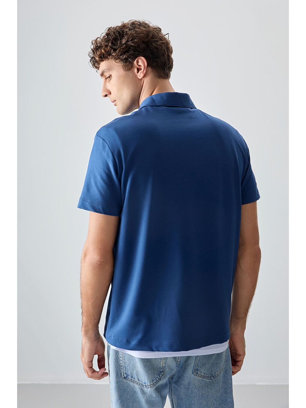 Mavi Pamuklu Kalın Yumuşak Dokulu Polo Yaka Oversize Fit Basic Erkek Tişört- 88381-4