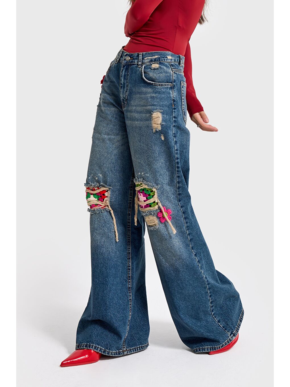 Mavi Kadın Jean Rengi Etnik Desenli Palazzo Fit Tasarım Denim-1