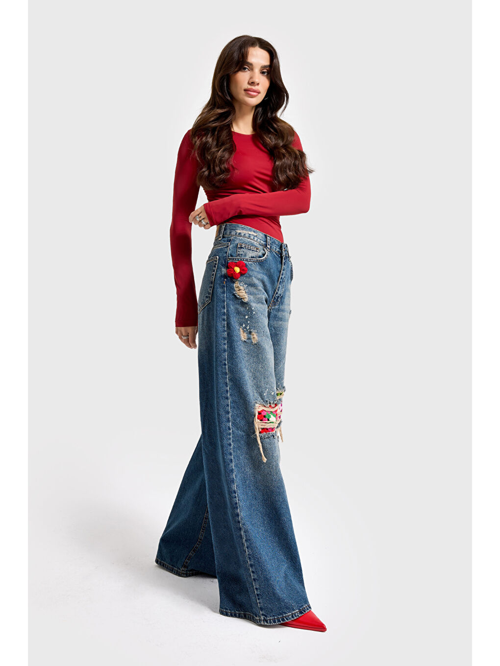 Mavi Kadın Jean Rengi Etnik Desenli Palazzo Fit Tasarım Denim-2