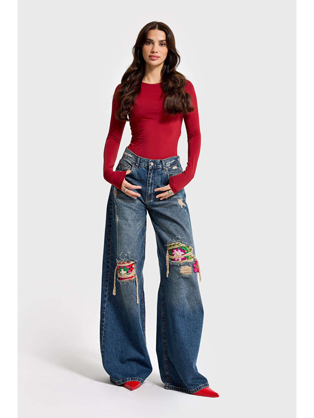 Mavi Kadın Jean Rengi Etnik Desenli Palazzo Fit Tasarım Denim-4