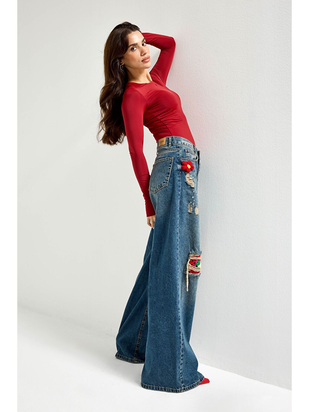 Mavi Kadın Jean Rengi Etnik Desenli Palazzo Fit Tasarım Denim-5