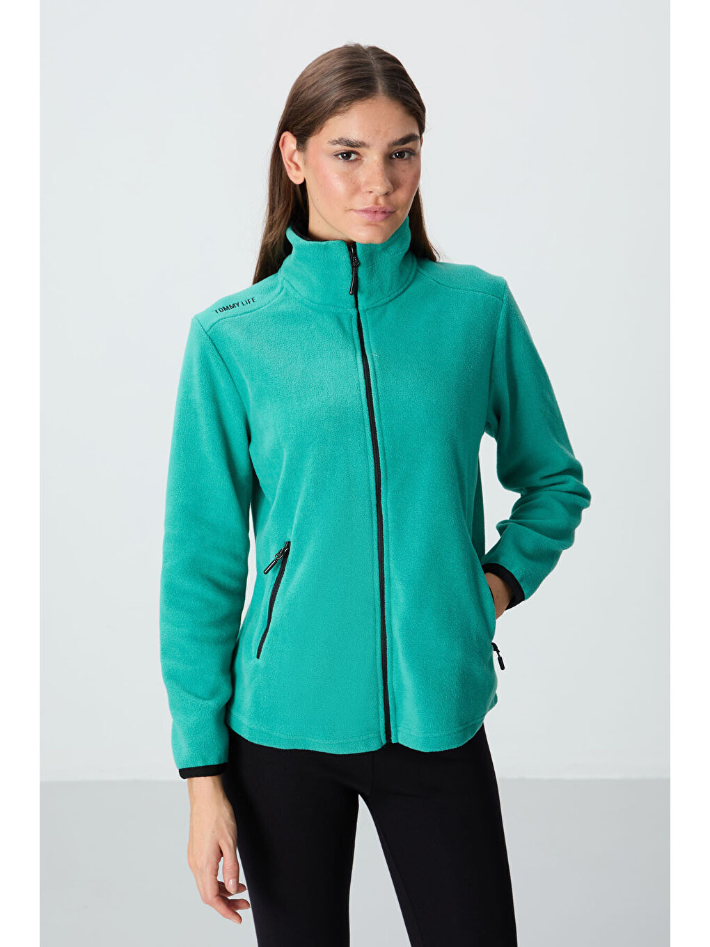 Turkuaz Deniz Yeşili Dik Yaka Fermuarlı Rahat Form Kadın Polar Sweatshirt - 97173