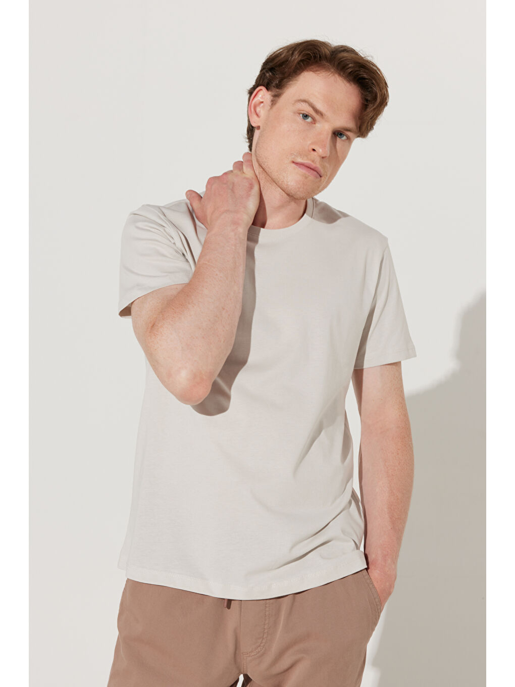 Erkek Gri Slim Fit Dar Kesim %100 Pamuk Bisiklet Yaka Kısa Kollu Tişört-3