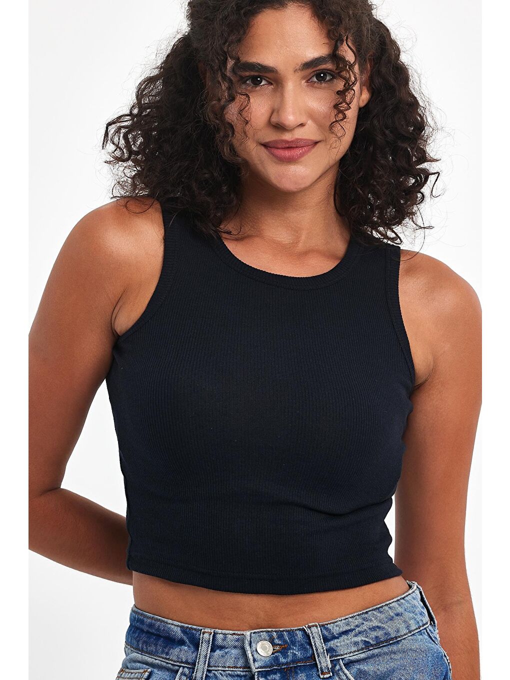 Kadın Lacivert Fitilli Görünümlü Askılı Kalın Esnek Örme Basic Crop Atlet Bluz-2