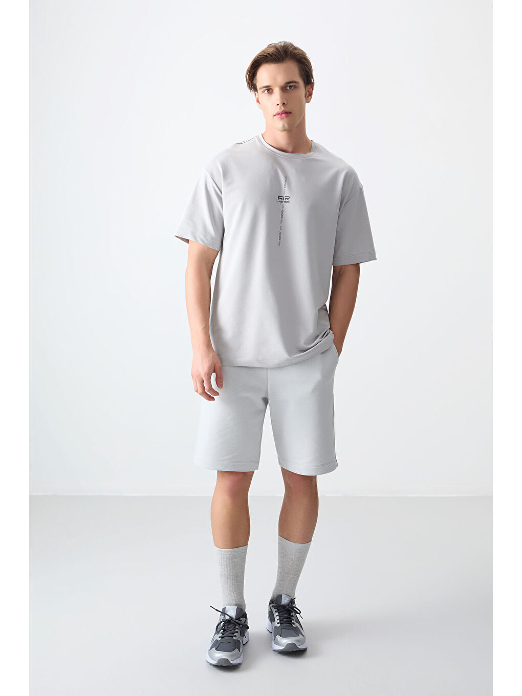 Bej Taş Pamuklu Kalın Yumuşak Dokulu Oversize Fit Baskılı Erkek Tişört - 88373-1