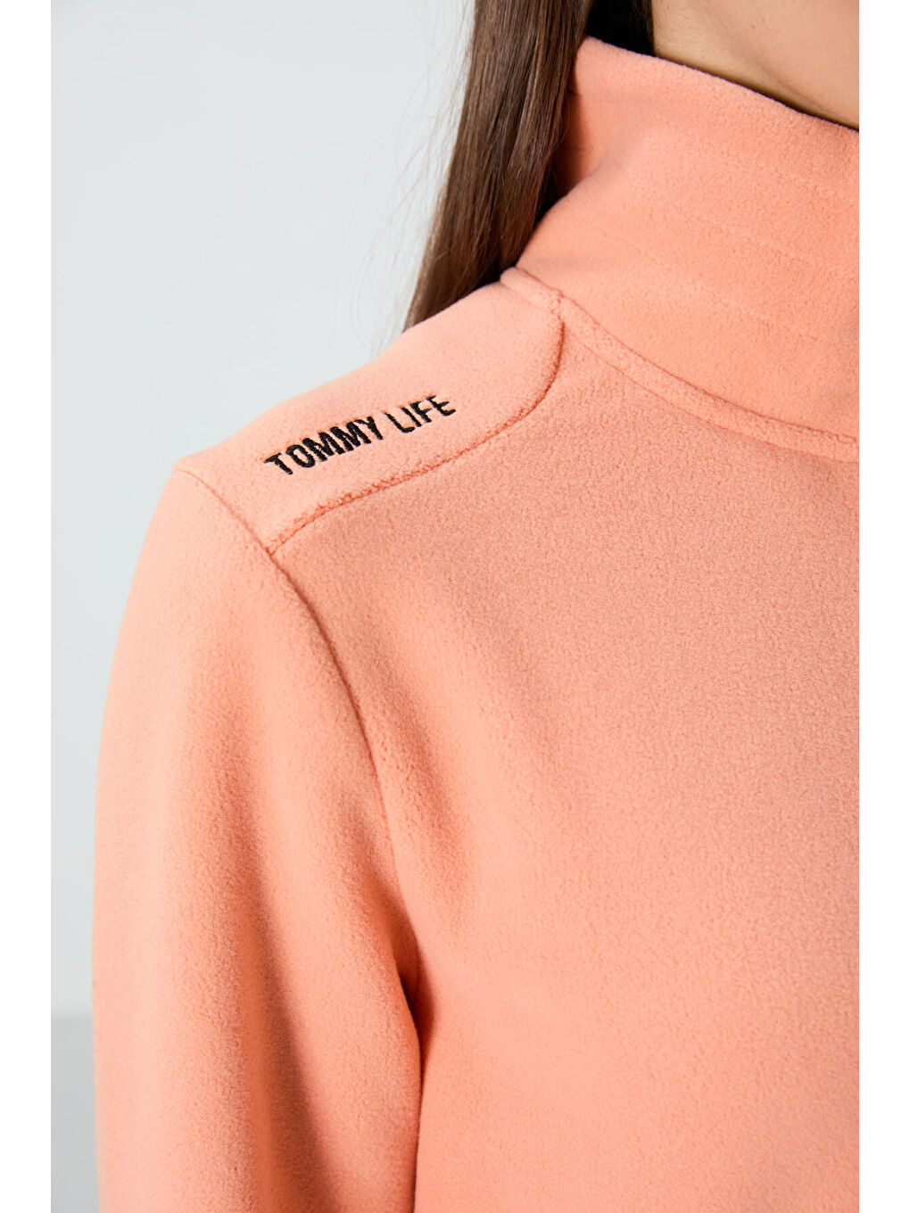 Turuncu Kavun İçi Dik Yaka Fermuarlı Rahat Form Kadın Polar Sweatshirt - 97173-3