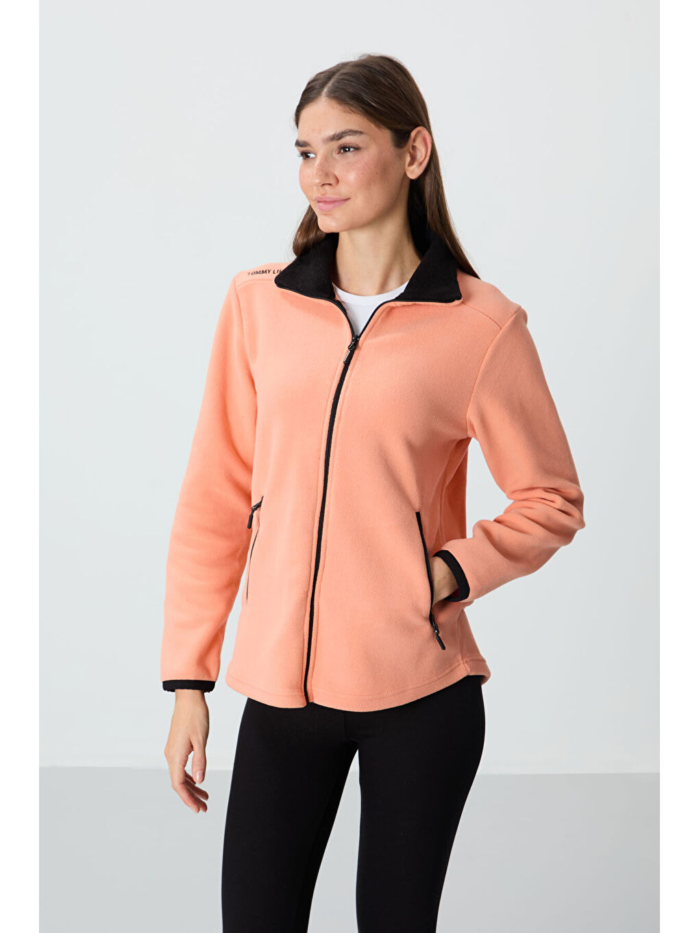 Turuncu Kavun İçi Dik Yaka Fermuarlı Rahat Form Kadın Polar Sweatshirt - 97173-4