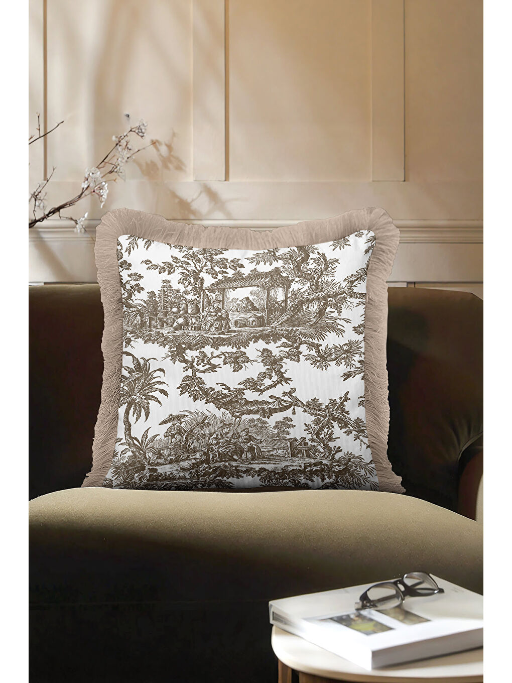 Karışık Fransız Country Saçaklı Yastık Kılıfı - Vintage Rustik Bej Kahverengi Püsküllü Kırlent Kılıfı-1