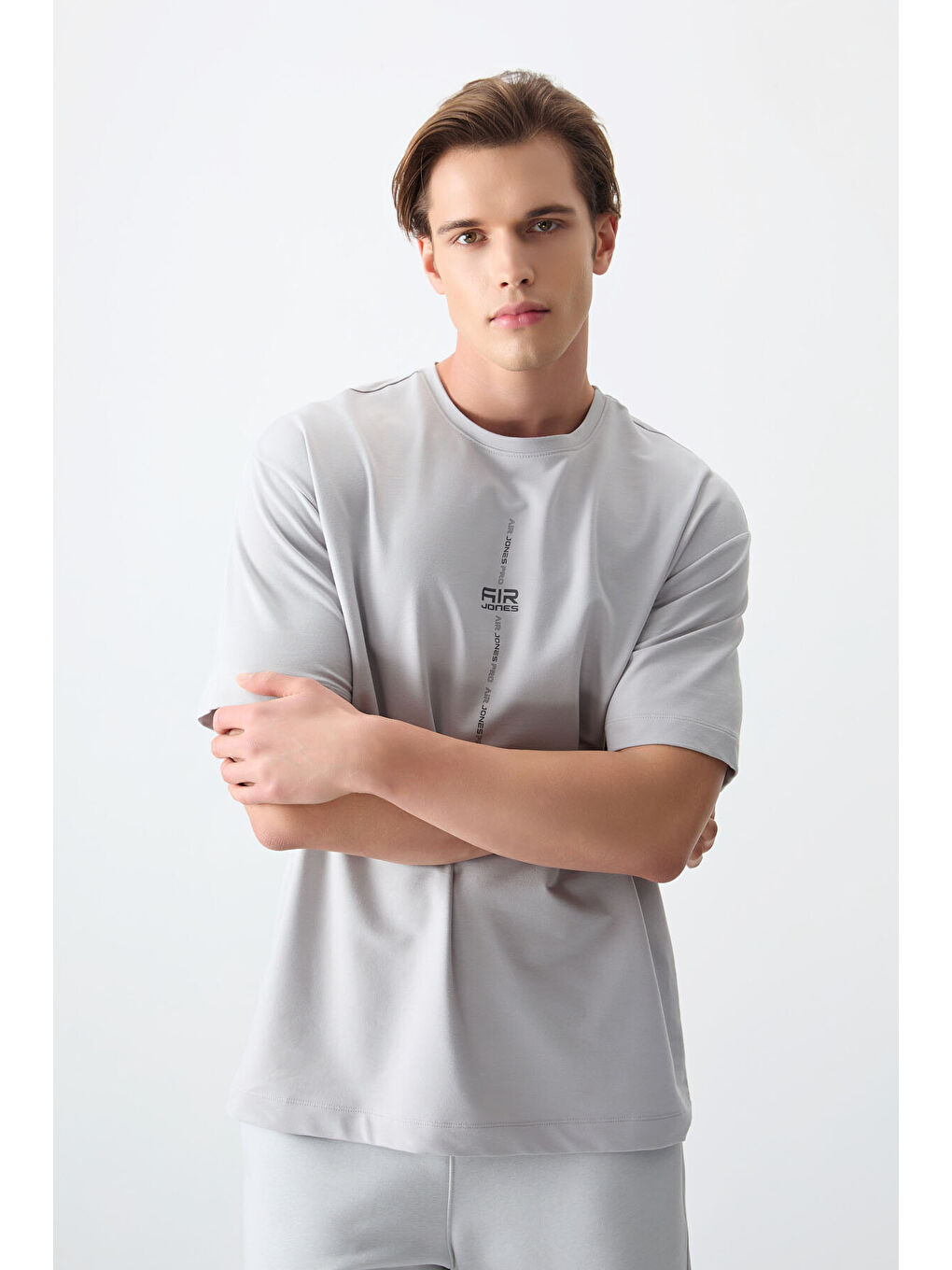 Bej Taş Pamuklu Kalın Yumuşak Dokulu Oversize Fit Baskılı Erkek Tişört - 88373-3