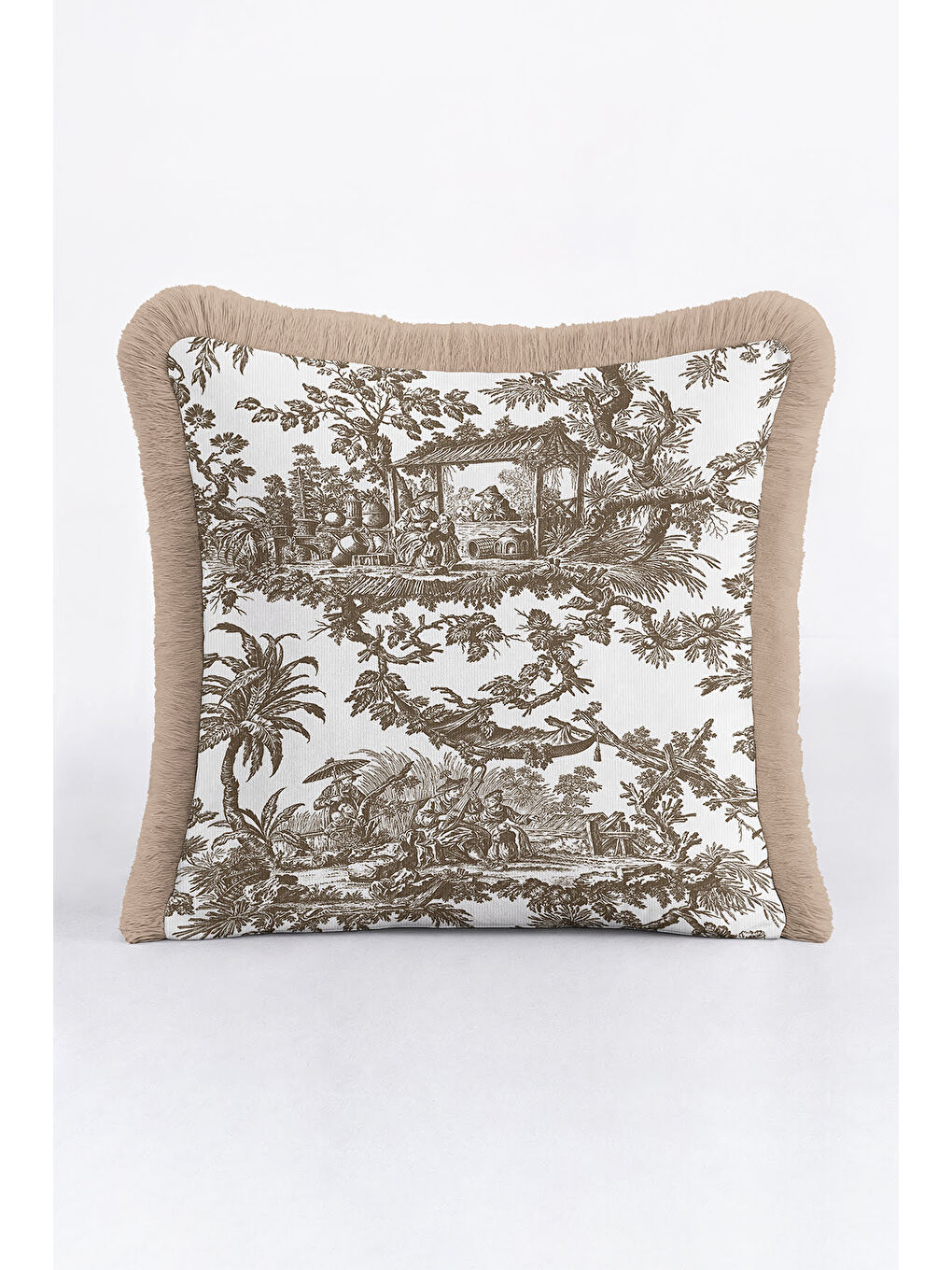 Karışık Fransız Country Saçaklı Yastık Kılıfı - Vintage Rustik Bej Kahverengi Püsküllü Kırlent Kılıfı-3