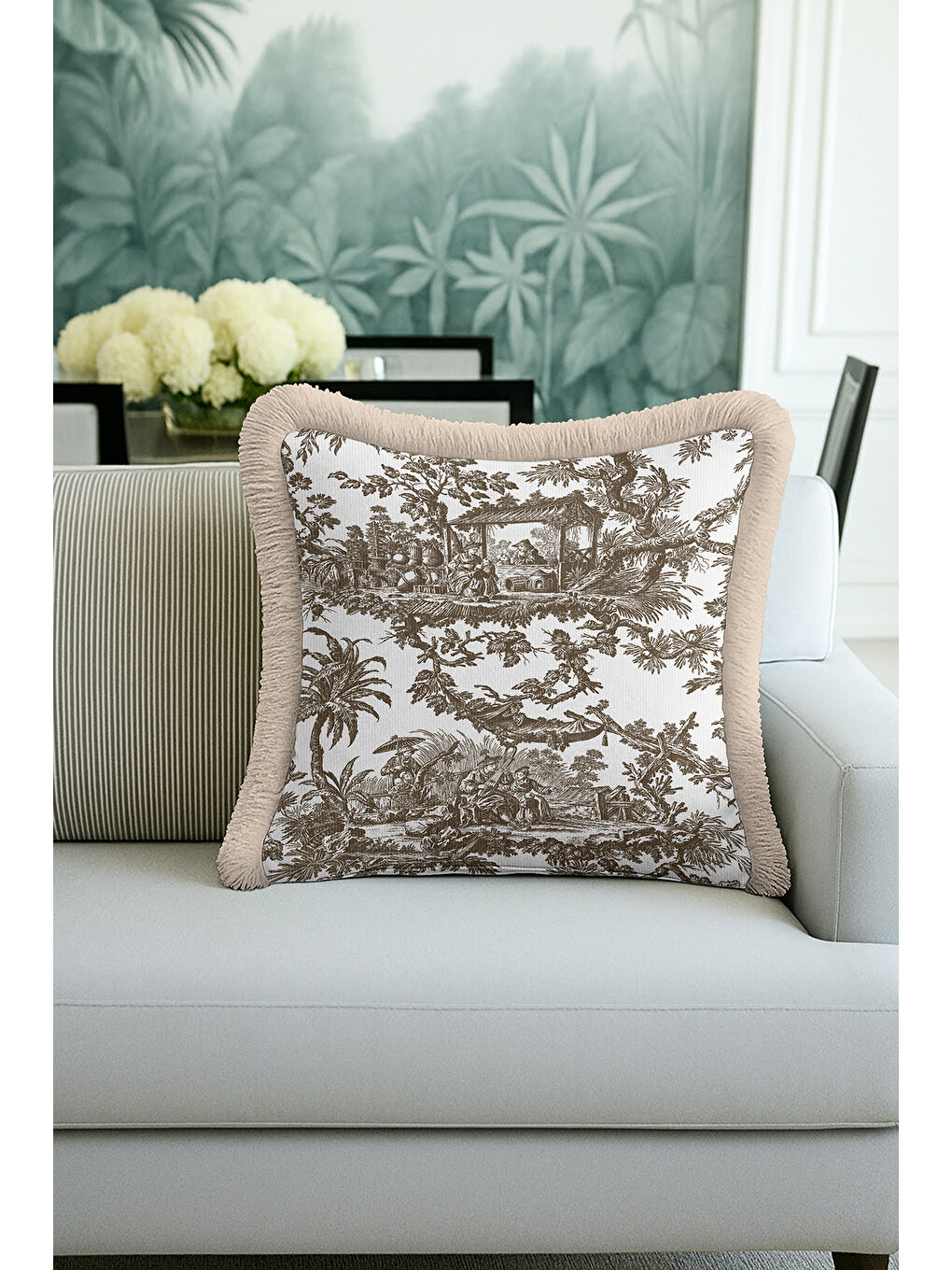 Karışık Fransız Country Saçaklı Yastık Kılıfı - Vintage Rustik Bej Kahverengi Püsküllü Kırlent Kılıfı-4