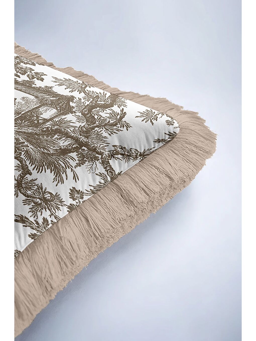 Karışık Fransız Country Saçaklı Yastık Kılıfı - Vintage Rustik Bej Kahverengi Püsküllü Kırlent Kılıfı-6