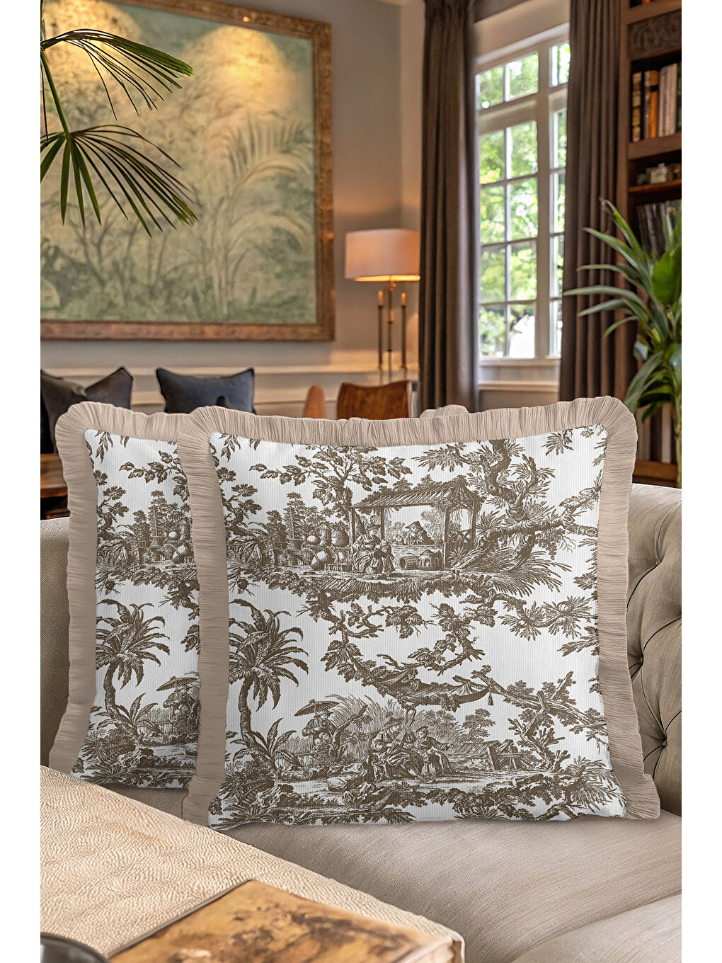 Karışık Fransız Country Saçaklı Yastık Kılıfı - Vintage Rustik Bej Kahverengi Püsküllü Kırlent Kılıfı-7