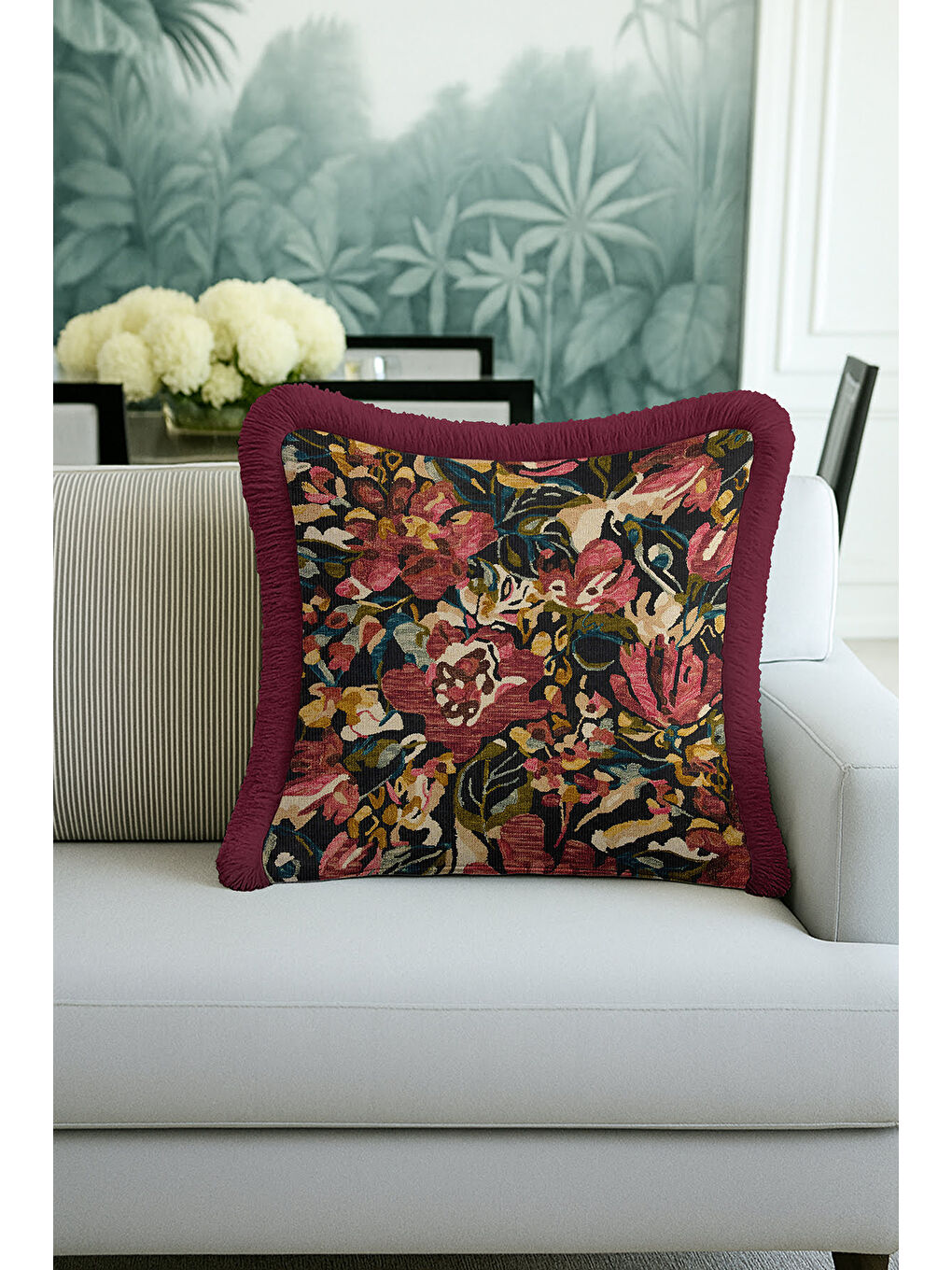 Karışık Zengin Çiçek Bahçesi Saçaklı Yastık Kılıfı - Kadife Klasik Bohem Bordo Püsküllü Kırlent Kılıfı-1