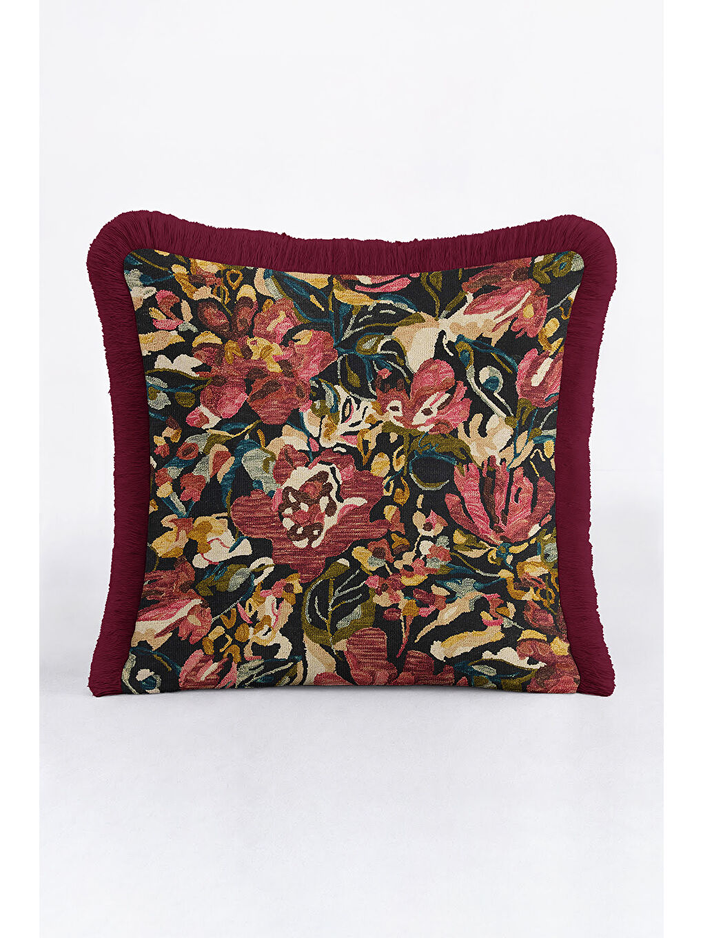 Karışık Zengin Çiçek Bahçesi Saçaklı Yastık Kılıfı - Kadife Klasik Bohem Bordo Püsküllü Kırlent Kılıfı-2