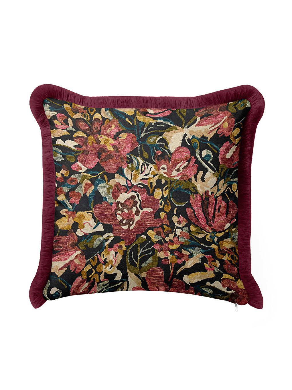 Karışık Zengin Çiçek Bahçesi Saçaklı Yastık Kılıfı - Kadife Klasik Bohem Bordo Püsküllü Kırlent Kılıfı-3