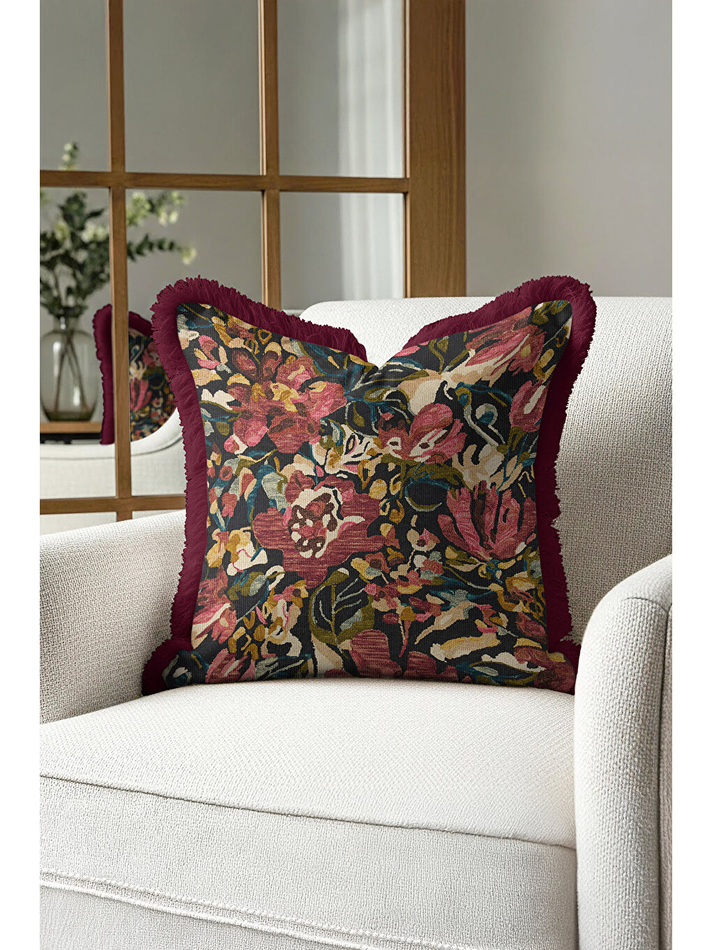 Karışık Zengin Çiçek Bahçesi Saçaklı Yastık Kılıfı - Kadife Klasik Bohem Bordo Püsküllü Kırlent Kılıfı-4