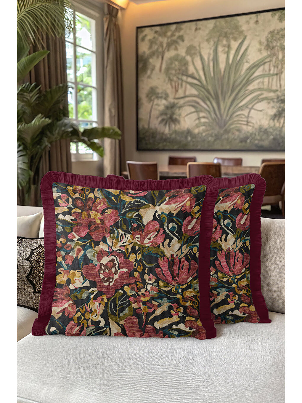 Karışık Zengin Çiçek Bahçesi Saçaklı Yastık Kılıfı - Kadife Klasik Bohem Bordo Püsküllü Kırlent Kılıfı-5