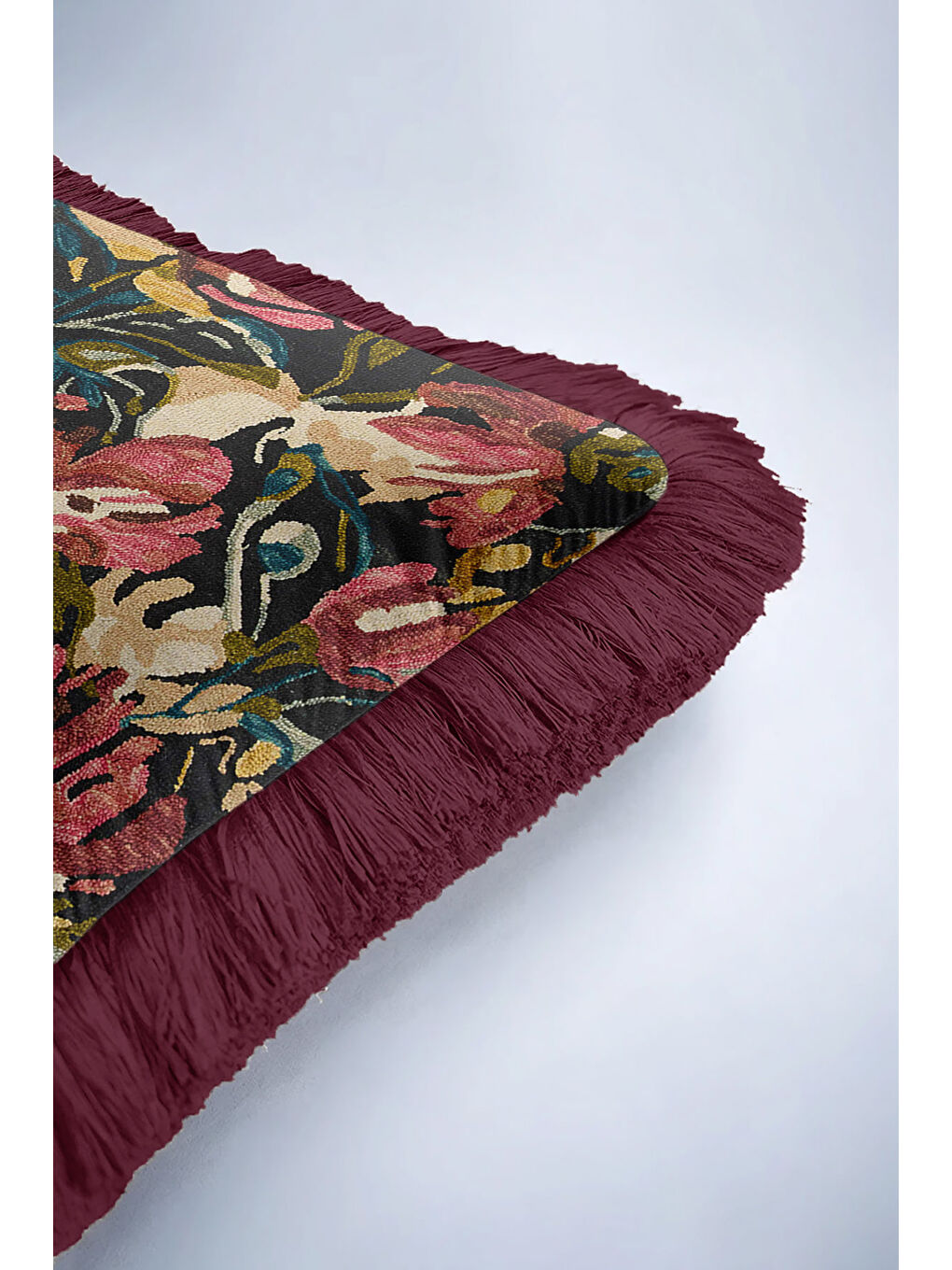 Karışık Zengin Çiçek Bahçesi Saçaklı Yastık Kılıfı - Kadife Klasik Bohem Bordo Püsküllü Kırlent Kılıfı-6
