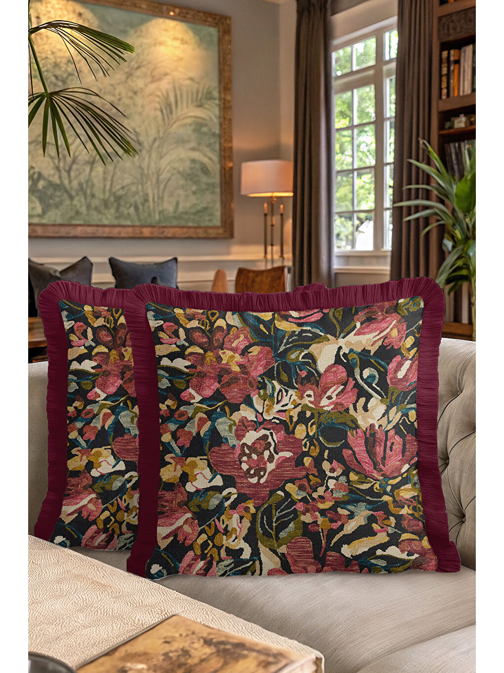 Karışık Zengin Çiçek Bahçesi Saçaklı Yastık Kılıfı - Kadife Klasik Bohem Bordo Püsküllü Kırlent Kılıfı-7