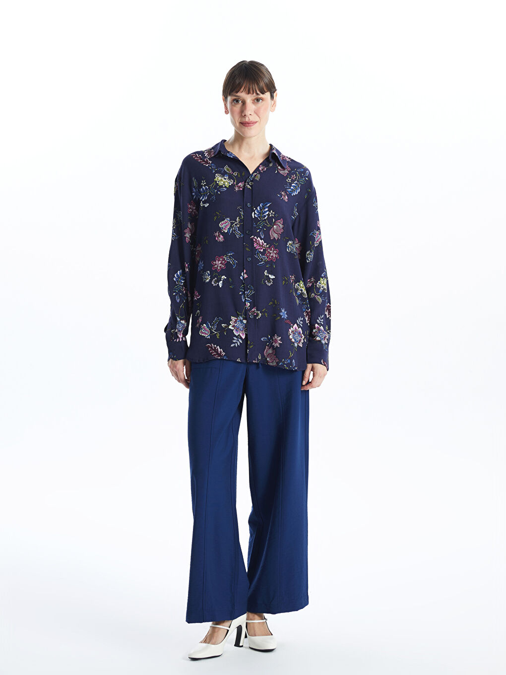 Lacivert Kadın Gömlek Çiçekli-1