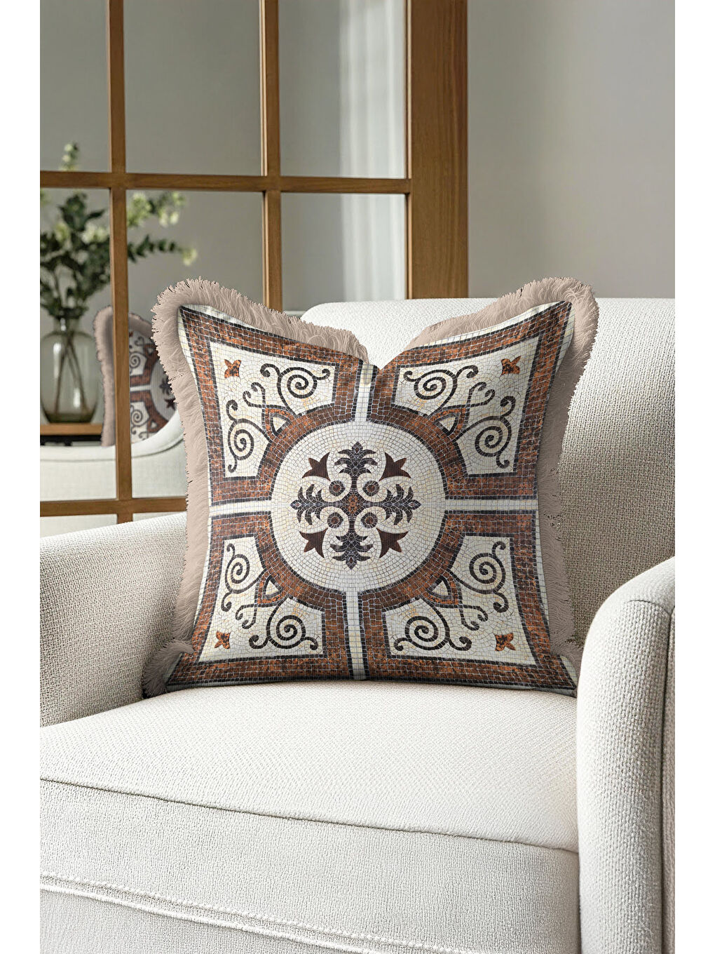 Karışık Mozaik Motifli Saçaklı Yastık Kılıfı - Klasik Akdeniz Rustik Kahverengi Püsküllü Kırlent Kılıfı-1
