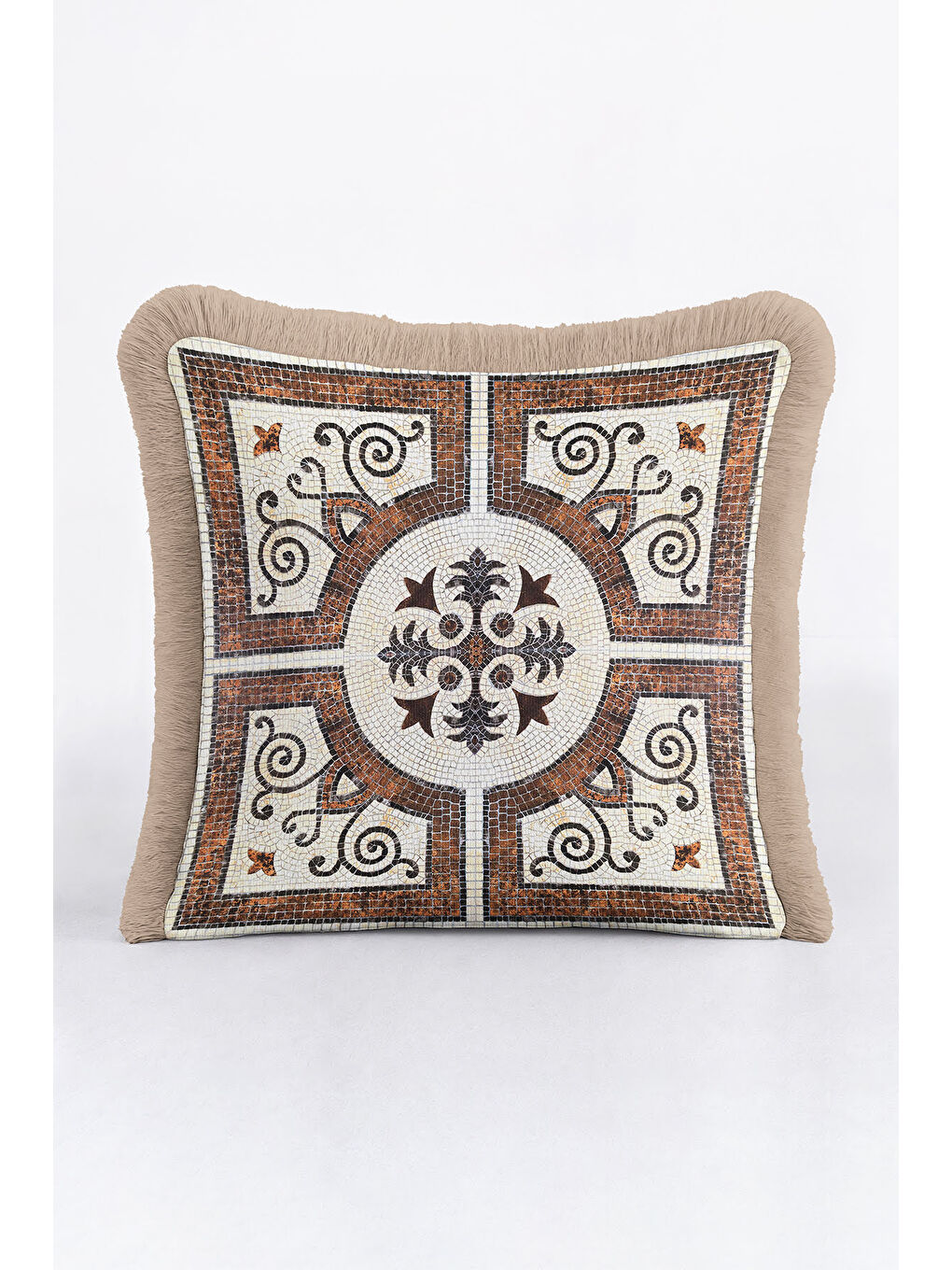 Karışık Mozaik Motifli Saçaklı Yastık Kılıfı - Klasik Akdeniz Rustik Kahverengi Püsküllü Kırlent Kılıfı-2
