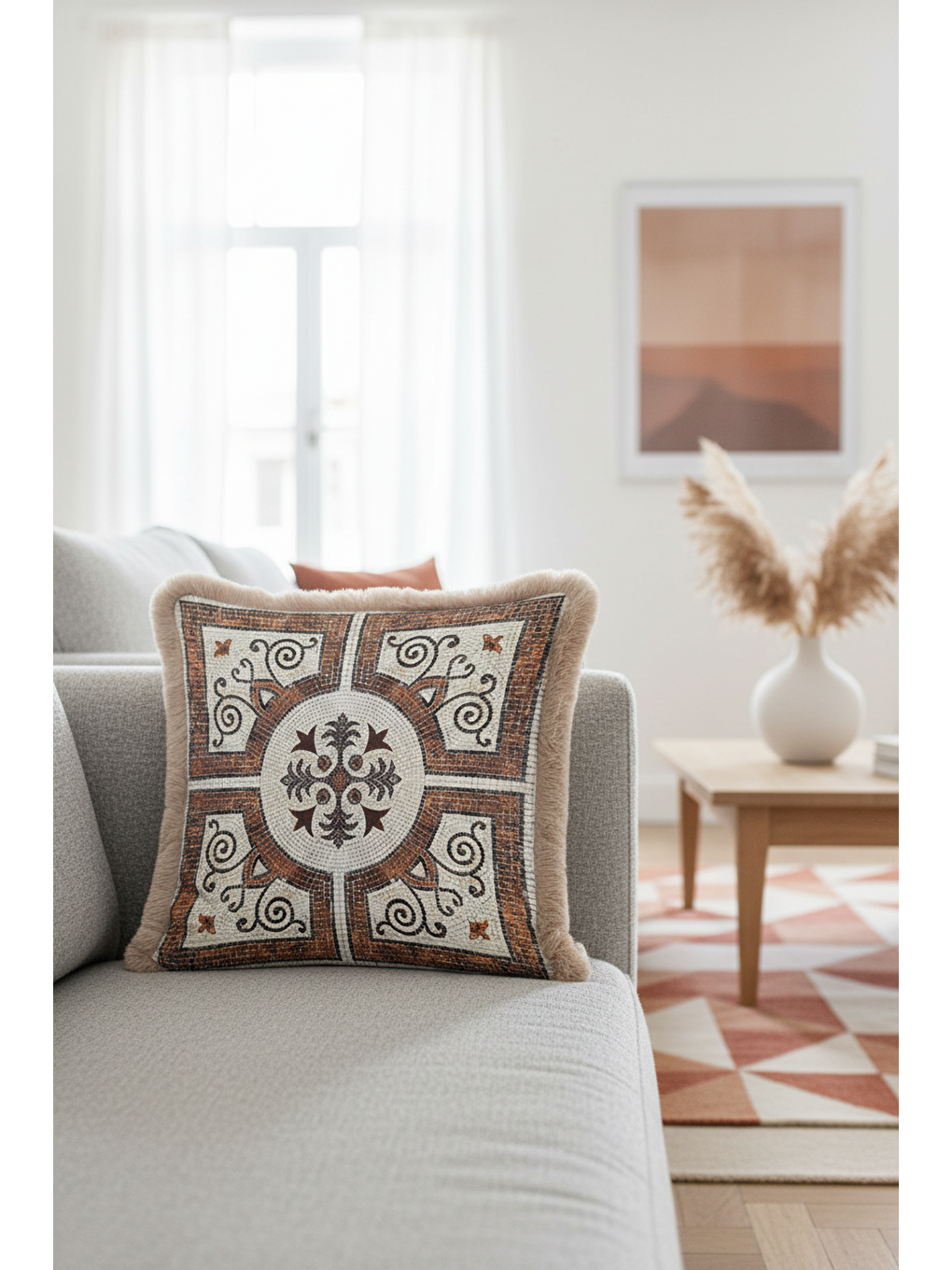 Karışık Mozaik Motifli Saçaklı Yastık Kılıfı - Klasik Akdeniz Rustik Kahverengi Püsküllü Kırlent Kılıfı-3