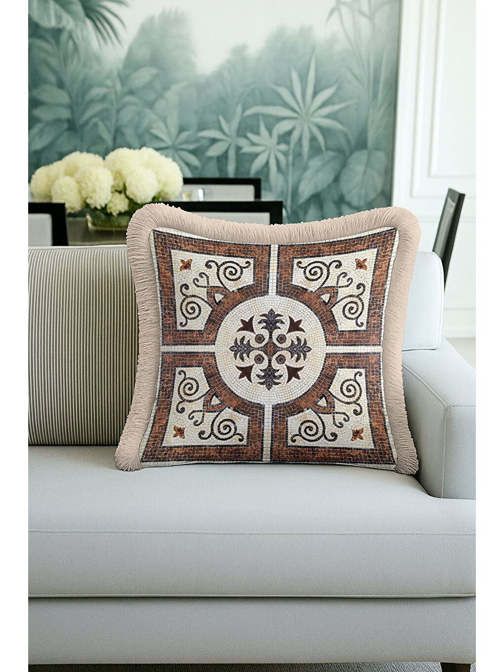 Karışık Mozaik Motifli Saçaklı Yastık Kılıfı - Klasik Akdeniz Rustik Kahverengi Püsküllü Kırlent Kılıfı-4