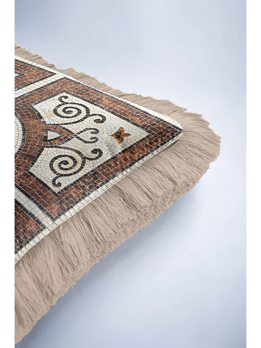 Karışık Mozaik Motifli Saçaklı Yastık Kılıfı - Klasik Akdeniz Rustik Kahverengi Püsküllü Kırlent Kılıfı-6
