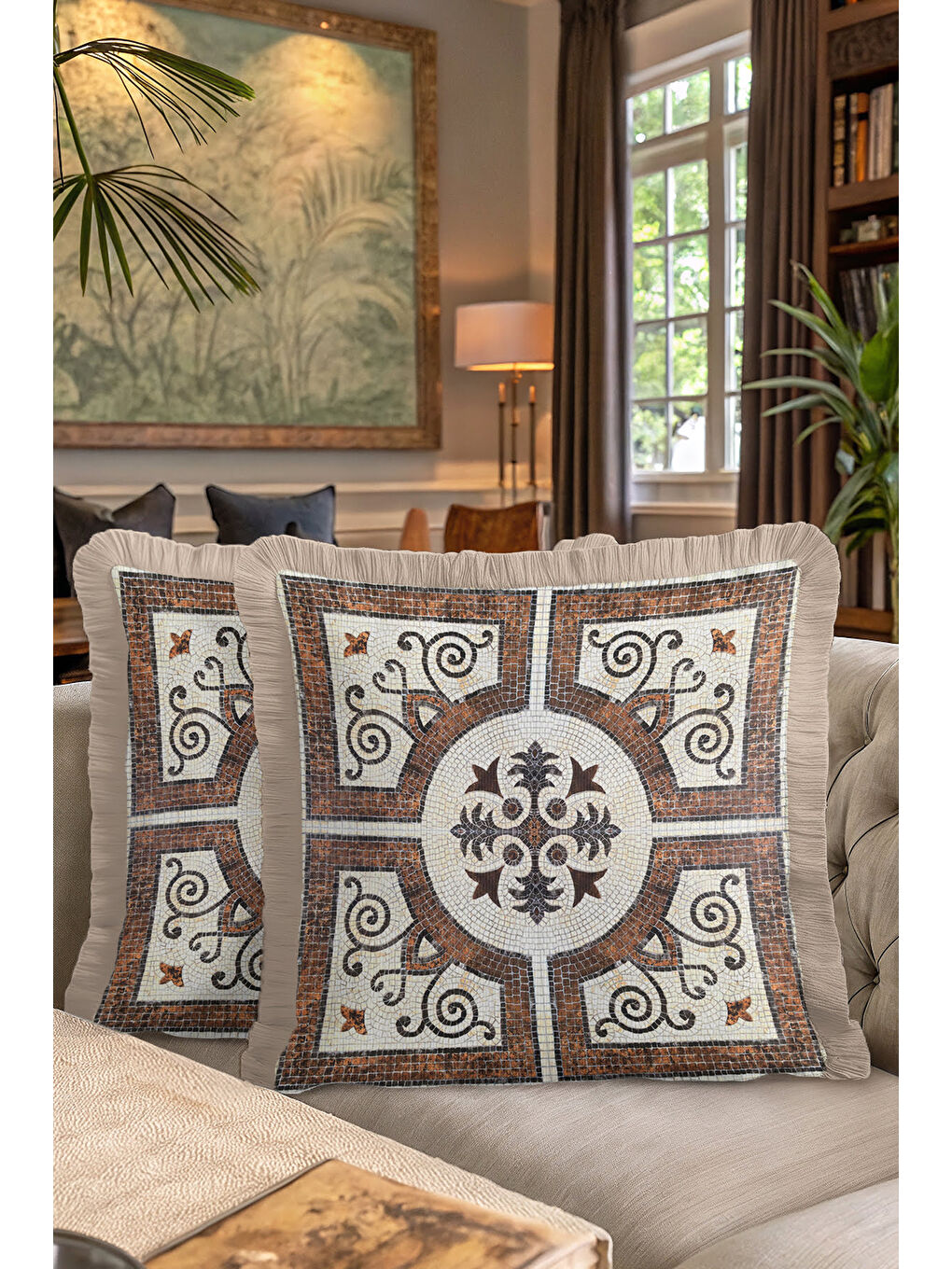 Karışık Mozaik Motifli Saçaklı Yastık Kılıfı - Klasik Akdeniz Rustik Kahverengi Püsküllü Kırlent Kılıfı-7