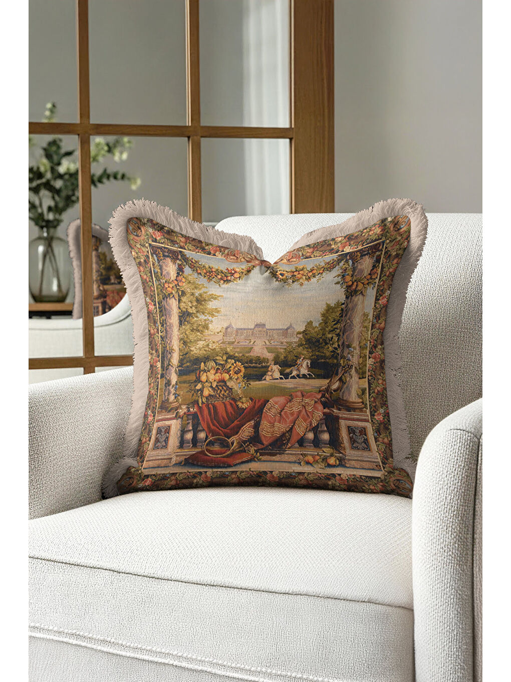 Karışık Fransız Saray Bahçesi Saçaklı Yastık Kılıfı - Klasik Lüks Rustik Bej Renkli Püsküllü Kırlent Kılıfı-1