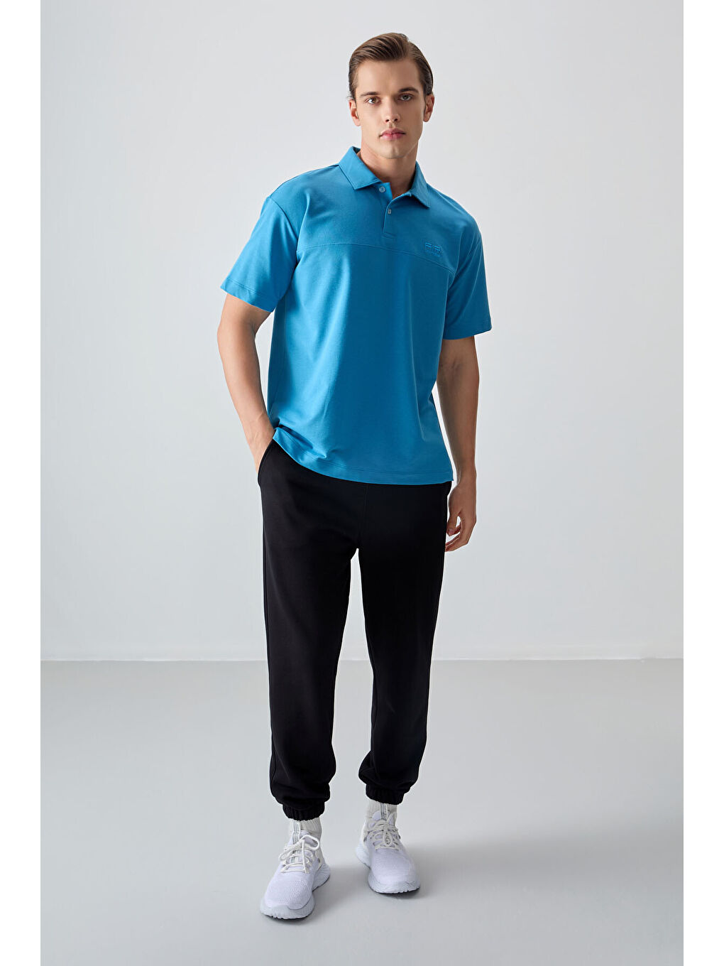 Petrol Mavi Pamuklu Kalın Yumuşak Dokulu Polo Yaka Oversize Fit Basic Erkek Tişört- 88382-1