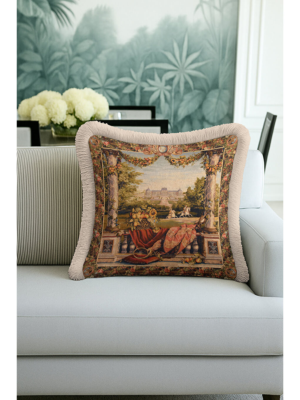 Karışık Fransız Saray Bahçesi Saçaklı Yastık Kılıfı - Klasik Lüks Rustik Bej Renkli Püsküllü Kırlent Kılıfı-2