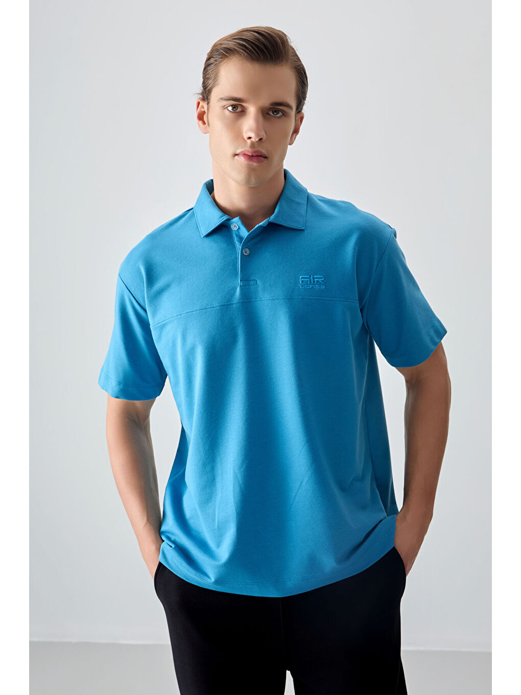 Petrol Mavi Pamuklu Kalın Yumuşak Dokulu Polo Yaka Oversize Fit Basic Erkek Tişört- 88382-3