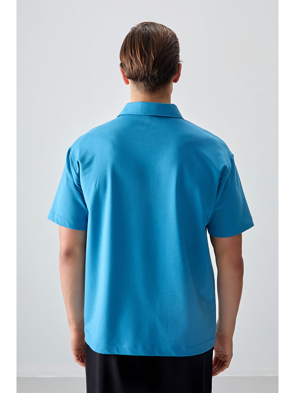 Petrol Mavi Pamuklu Kalın Yumuşak Dokulu Polo Yaka Oversize Fit Basic Erkek Tişört- 88382-4