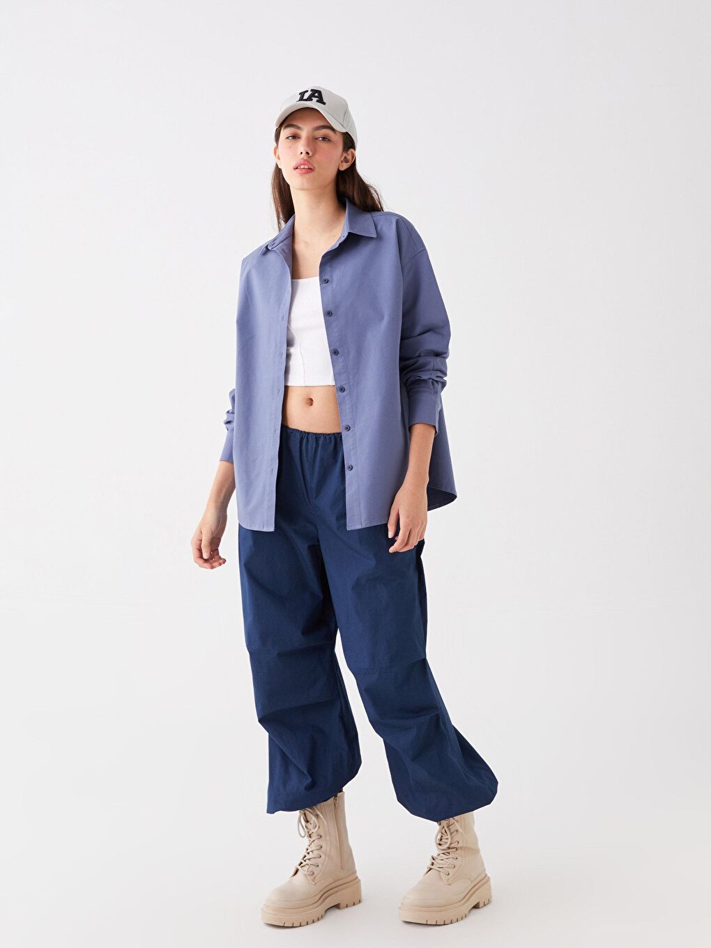 İndigo Oversize Uzun Basic Gömlek Mavi Bg04-1