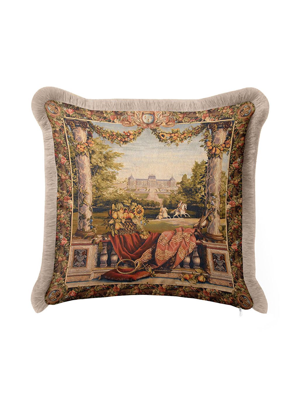 Karışık Fransız Saray Bahçesi Saçaklı Yastık Kılıfı - Klasik Lüks Rustik Bej Renkli Püsküllü Kırlent Kılıfı-3
