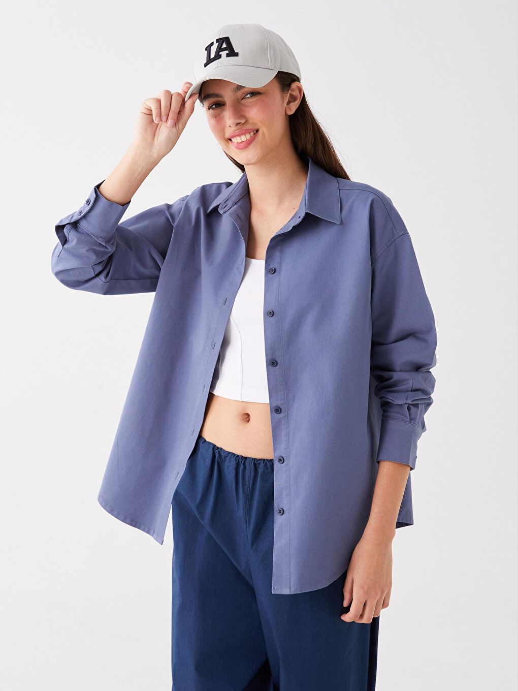 İndigo Oversize Uzun Basic Gömlek Mavi Bg04-2