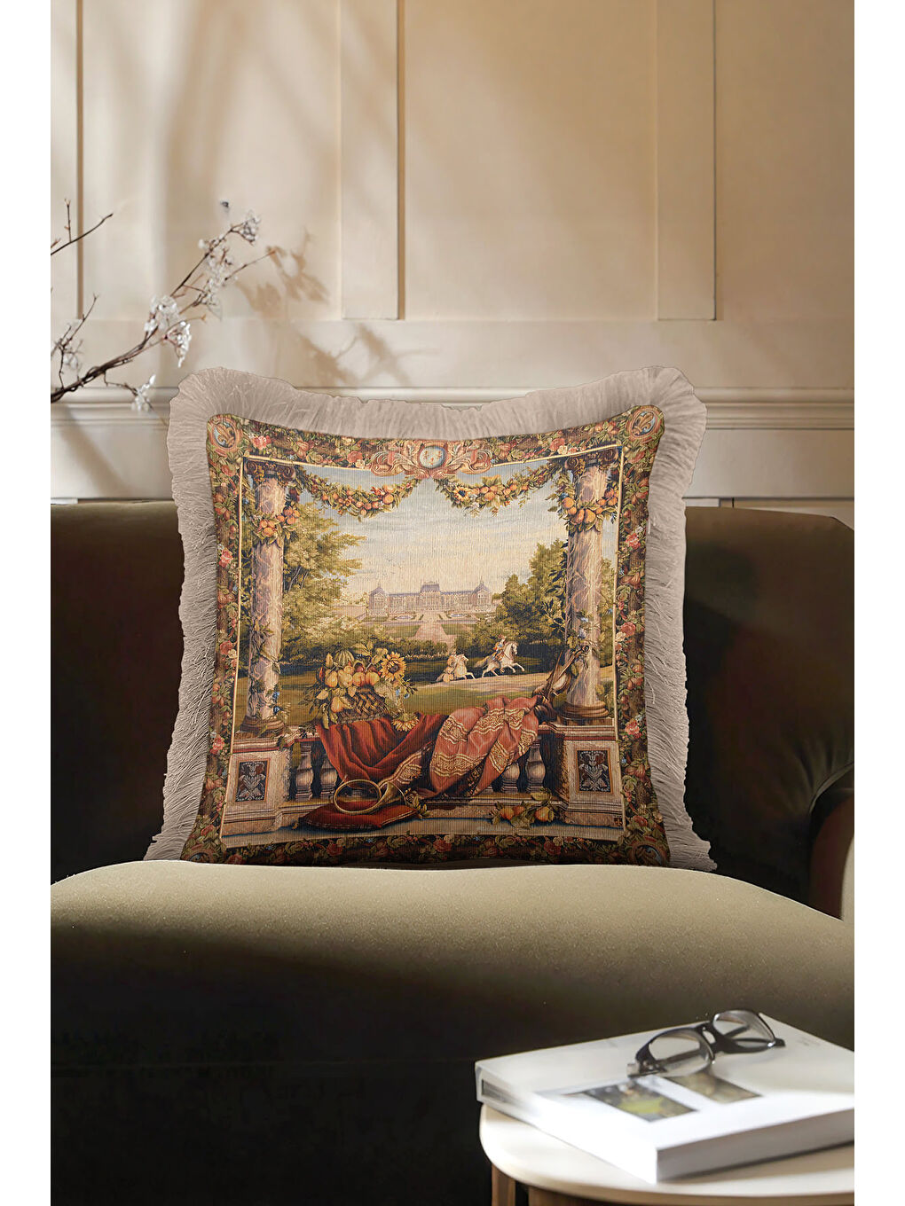 Karışık Fransız Saray Bahçesi Saçaklı Yastık Kılıfı - Klasik Lüks Rustik Bej Renkli Püsküllü Kırlent Kılıfı-4