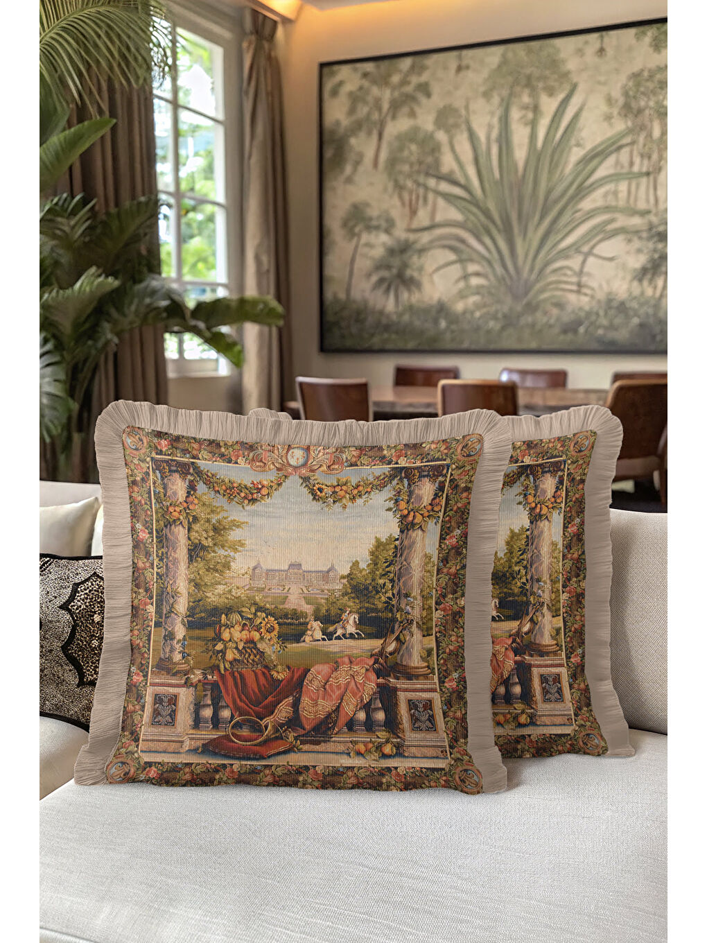 Karışık Fransız Saray Bahçesi Saçaklı Yastık Kılıfı - Klasik Lüks Rustik Bej Renkli Püsküllü Kırlent Kılıfı-5